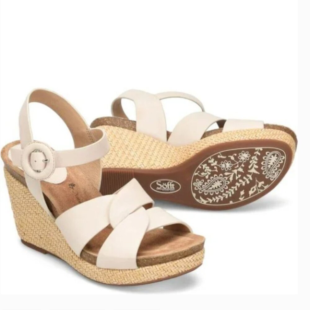 Sofft Casidy Beige Leather with Woven Raffia Platform Wedge Heel Sandals 9.5